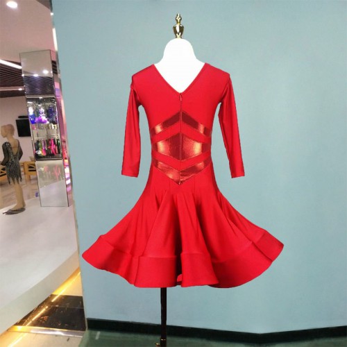 Girls kids red competition latin dance dresses children stage performance short sleeves rumba salsa chacha dress latin dance costumes
